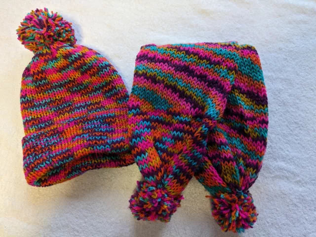 Handmade Multicoloured Adult Knitted Hat And Scarf Set