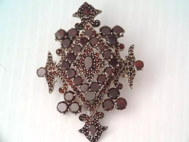 Antique Victorian Sterling Silver Bohemian Rose Cut Garnet Pendant Pin