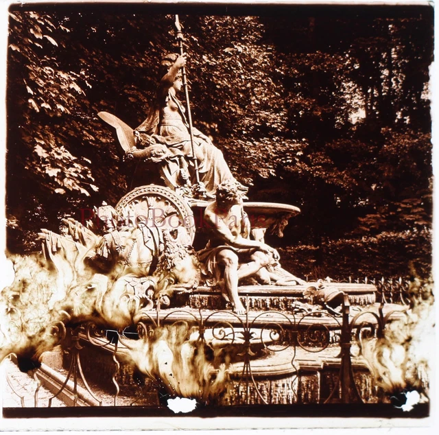 FRANCE Versailles Le Parc Statue Char c1900 Photo Plaque de verre Stereo Vintage