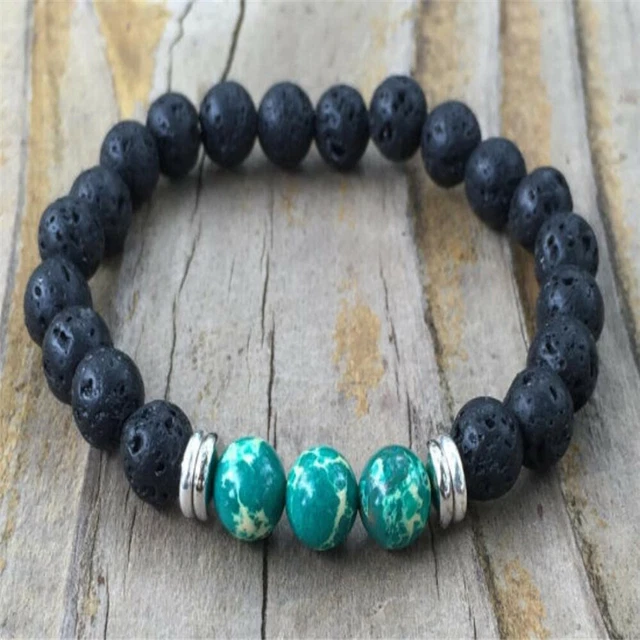 8mm lava Stone turquoise gemstone Mala Bracelet Buddhism Unisex Monk 7.5inches
