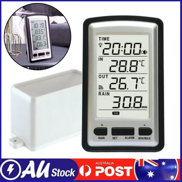 Wireless Weather Station Thermometer LCD Digital Alarm Clock Rain Gauge Meter