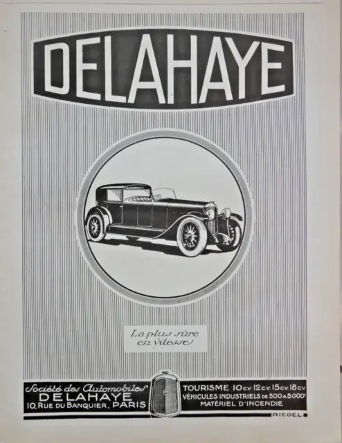 1926 Press Advertisement Delahaya Car Safest In Speed