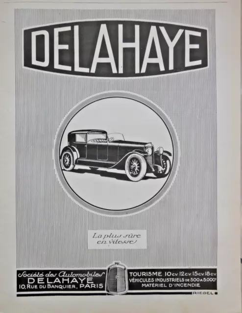 1926 Press Advertisement Delahaya Car Safest In Speed