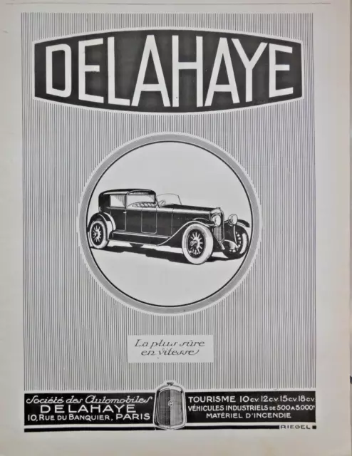 PUBLICITÉ DE PRESSE 1926 automobile DELAHAYE LA PLUS SURE EN VITESSE