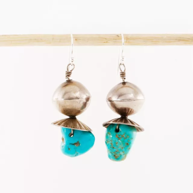Old Pawn Sterling Silver Blue Nugget Turquoise Bench Bead Dangle / Drop Earrings