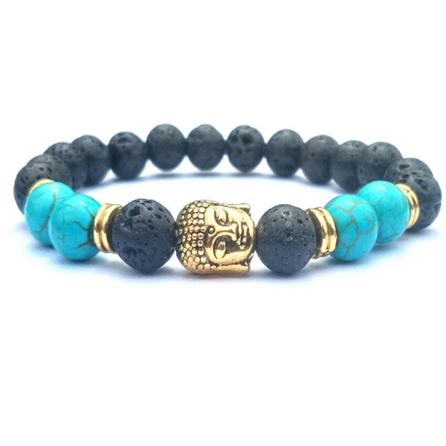 8mm Lava Stone Turquoise Buddha Bracelet 7.5inches Unisex Pray Reiki Lucky