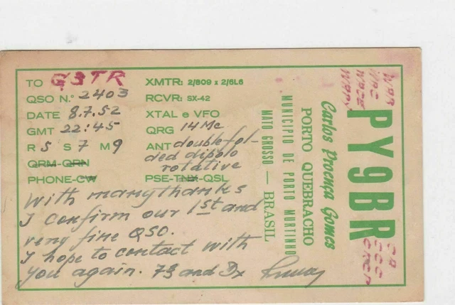 vintage QSL radio transmission card brasil 1952 ref r8443
