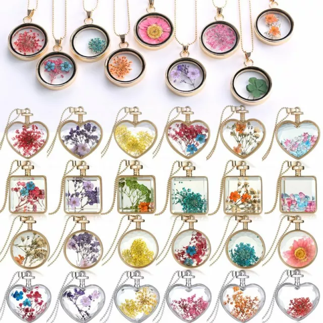 Chic Natural Dried Real Rose Flower Pendant Necklace Round Heart Glass Locket
