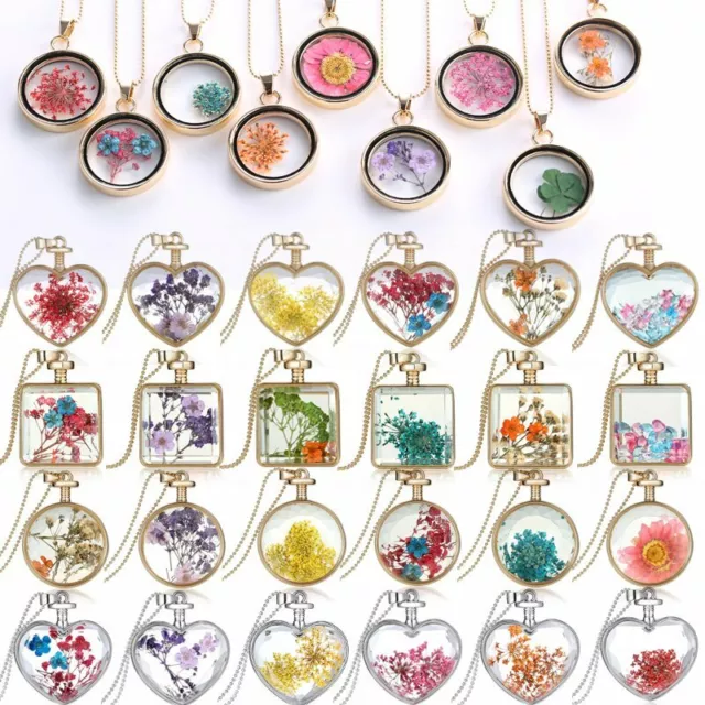 Hot Natural Real Dried Flower Resin Glass Floating Locket Pendant Necklace Gift