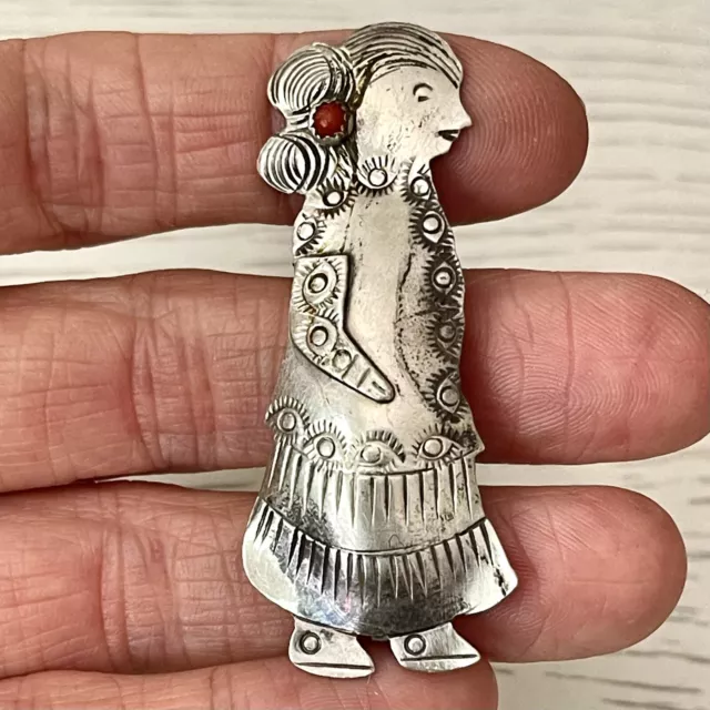 Navajo Maiden Pin Coral Hand Stamped Brooch Sterling USA Woman Old Patina VTG