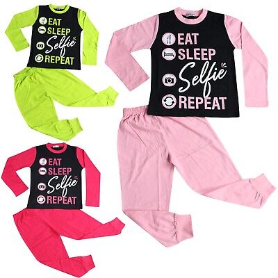 Kids Girls Boys Designer Eat Sleep Selfie Repeat Pyjamas Lounge Wear PJS 2-13 Yr
