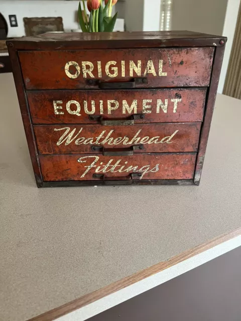 Vintage Red Original Weatherhead Equipment Fittings 4 Drawer Advertising Cabinet