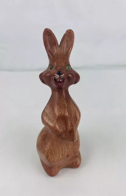 Vintage Easter Bunny Rabbit Figurine Faux Wood Green Rhinestone Eyes 5.75”