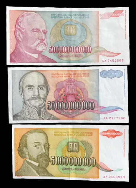 Yugoslavia 5 50 500 Billion Dinara 1993 Banknotes Hyperinflation Currency