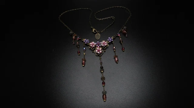 VNT Michal Negrin Necklace Pink Purple Flowers With Swarovski Crystals Victorian