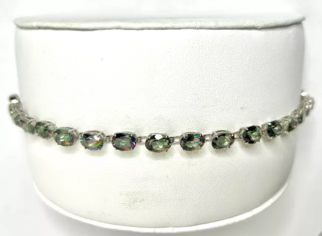 Estate Vintage Signed 14k White Gold JH Mystic Topaz Tennis Bracelet 10.4g