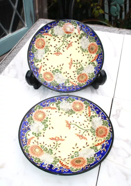 Pair Nippon Hand Painted 7" Saucer Plates, Made in Japan Vintage Floral Scene