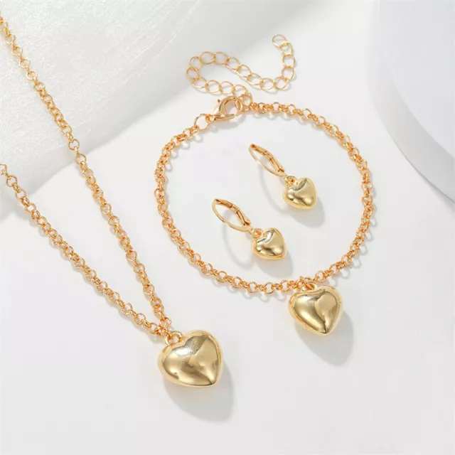 1Set Simple Fashion Golden Heart Pendant Earrings Necklace Bracelet Jewelry S7H