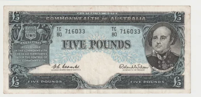 1960 Comm. of Australia 5 Pounds Banknote - Coombs/Wilson - R50- Fine - # 31919