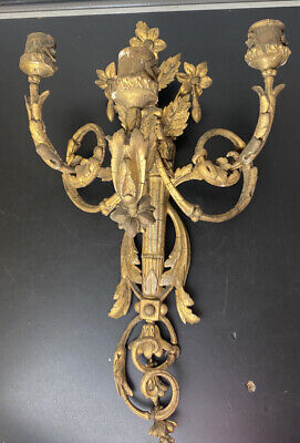 Large Antique Gilt Wood Gesso on Wood Classical Wall Triple Sconce, Candelabra