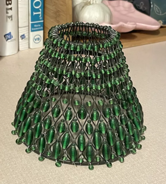 Vintage Emerald Green Glass Beaded Lamp Shade Smal 3-3/4” H X 5.5” W Metal Frame