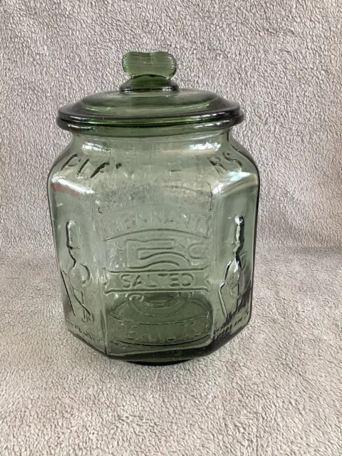 VTG Rare Large Planters Pennant 5 Cent Salted Peanuts Light Green Glass Jar 12”
