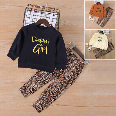 Kids Girls T-shirt Leopard Pants Outfits Daddy's Girl Tops Trouser Set Clothes