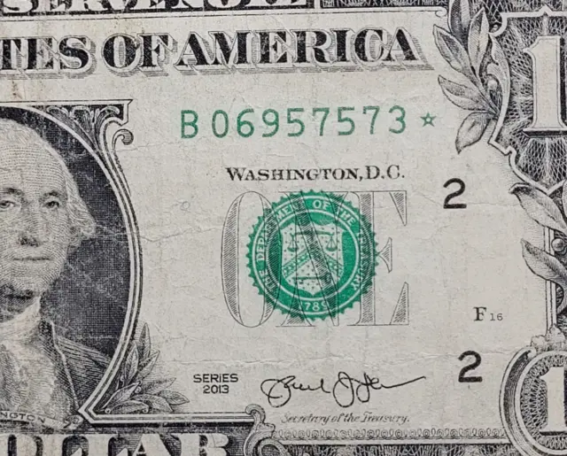 2013 1 Dollar Star Note Duplicated Serial Number B06957576* Wash. B Series Error