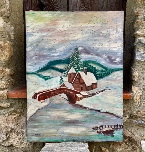 Peinture Ancienne à L'huile Sur Toile - Paysage De Montagne Signé Houriet - Tableau Vintage