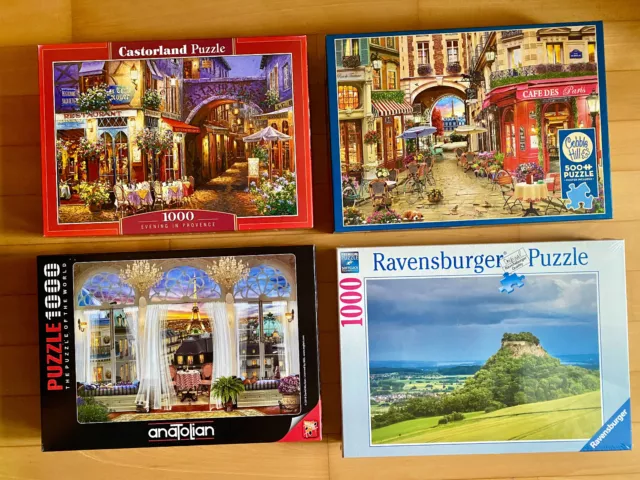 4 Puzzles: 3x1000 u. 1x500 Teile, Ravensburg, Castorland; Cobble Hill; Anatolian