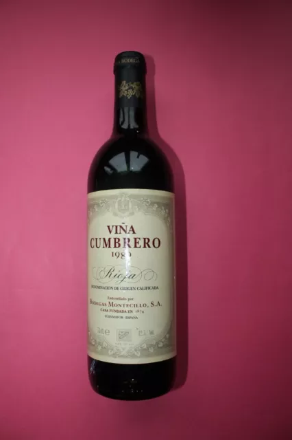 Botella vino VIÑA CUMBRERO 1989. RIOJA. TINTO DE CRIANZA. BOTELLAS DE COLECCIÓN.