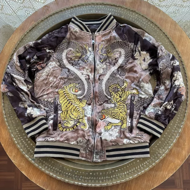 Sukajan Zara Satin Embroidered Tiger Dragon Reversible Bomber Jacket Sz Medium