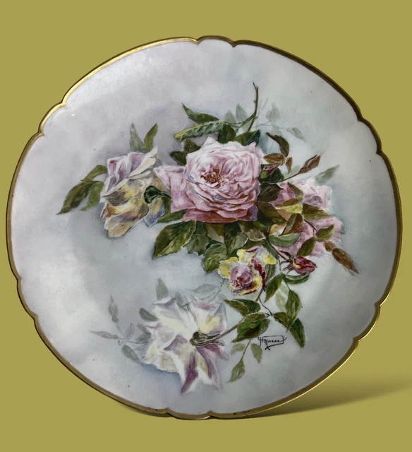 Broche Vintage Limoges France Années 60 - Porcelaine Décor Roses, Monture Laiton Doré