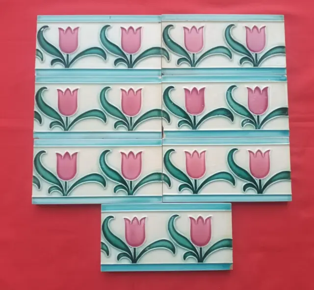 7 Piece Lot Art Deco Flower Design Embossed Majolica Ceramic Tiles Japan 0288