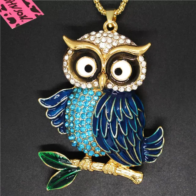 Hot Betsey Johnson Blue Enamel Cute Owl Branch Crystal Pendant Chain Necklace