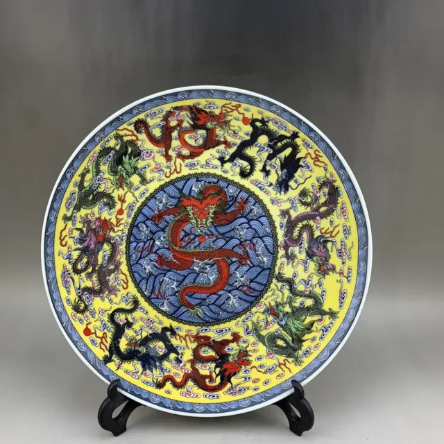 10.2" Collect Chinese Famille Rose Porcelain Animal Nine Dragon Plate