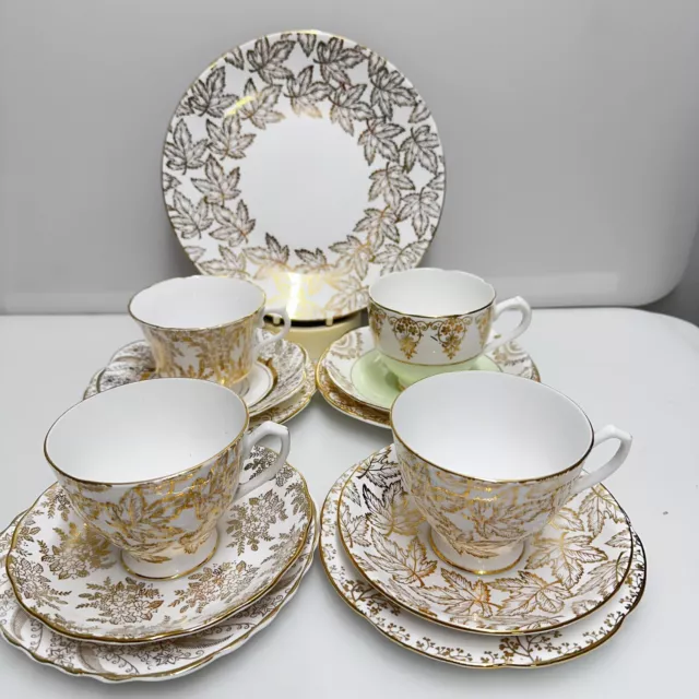 Vintage Chintz Gold Mismatched China Tea Set Four Trios & Cake Plate