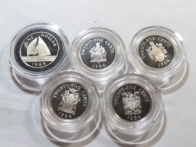 J28 Bermuda 1984 Silver 25 Cents & 1988 Silver Dollar Proof Group 5 pcs