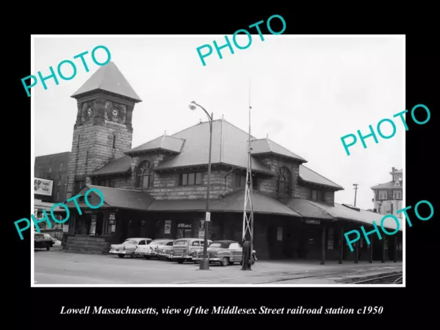 OLD LARGE HISTORIC PHOTO OF LOWELL MASSACHUSETTS THE B&M RAILROAD DEPOT c1950