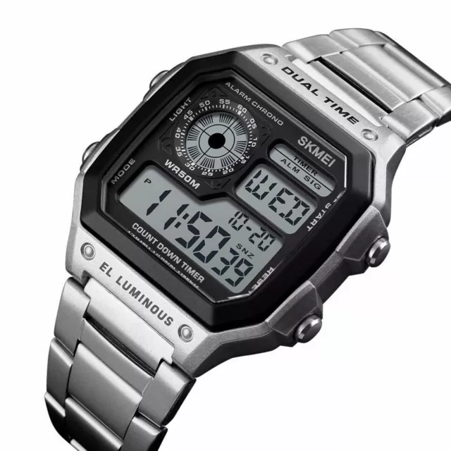 SKMEI Men Luxury Waterproof Alarm Stainless Steel Digital Square Wrist Watch