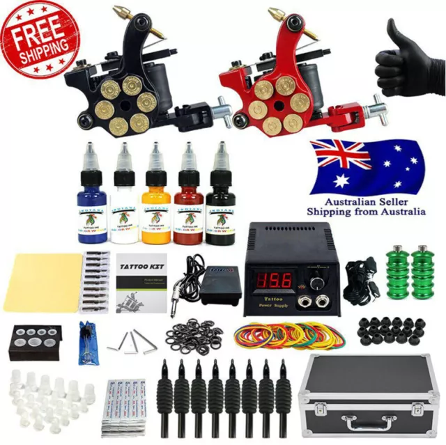 Deluxe Complete Tattoo Kit Set 2 Pro Coil Guns Power Supply Ink Needles AUS Sell