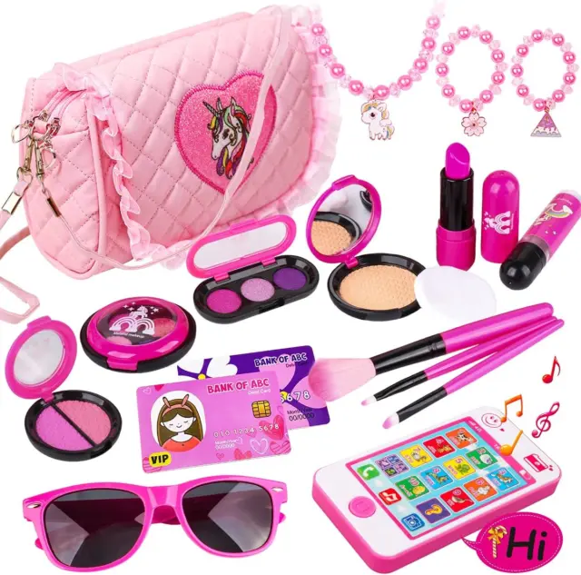 Pretend Play Make-up Set - gefälschtes kosmetisches Spielzeug Kit mit rosa Geldbörse