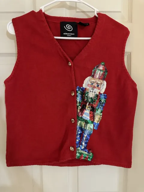 Y2K MICHAEL SIMON Event Sparkly  Nutcracker Sequin Sweater Vest Christmas sz L