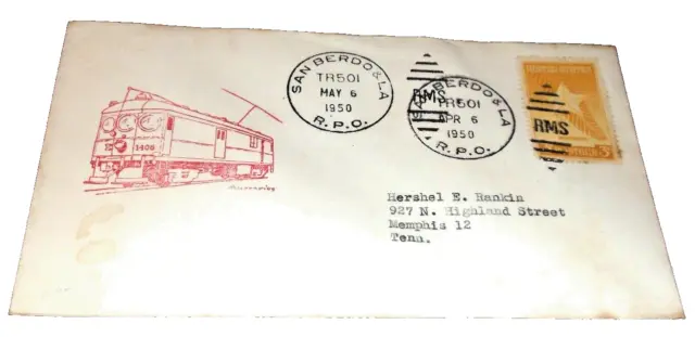 May 1950 Pacific Electric San Bernardino & Los Angeles Rpo Train 501 Envelope F