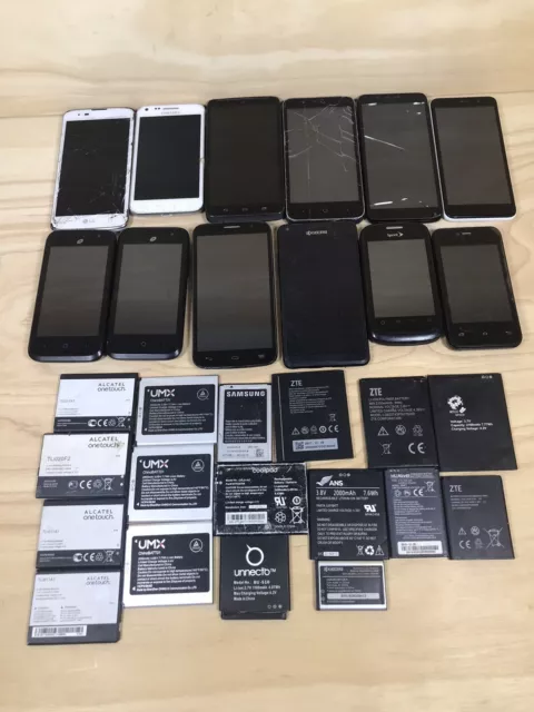 12 Broken Cell Phones + 17 Used Batteries Mixed Junk Lot For Parts Or Repair