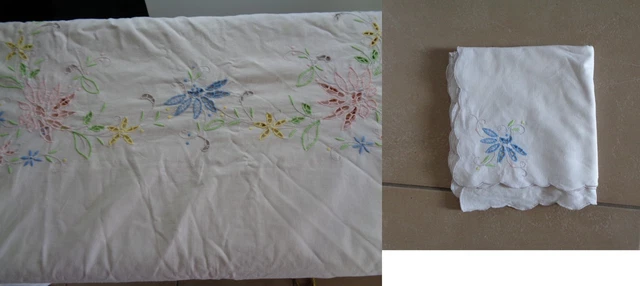 Nappe Ronde Renaissance Brodée Main 260 Cm - Avec 12 Serviettes, Blanc, Neuf