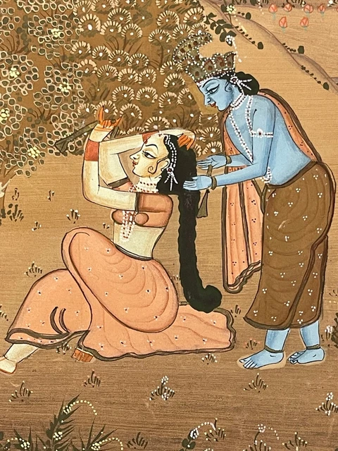 Indien Image Gouache Peinture Vintage Main Peint Sur Soyeux 2