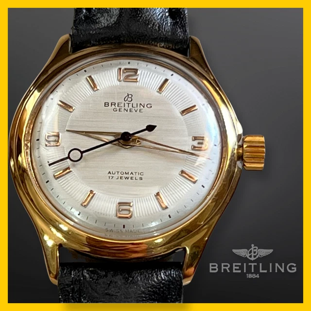 Vtg Breitling Geneve Automatic 18Kts Gold Plated Case Silver Dial  1940 Aprox.
