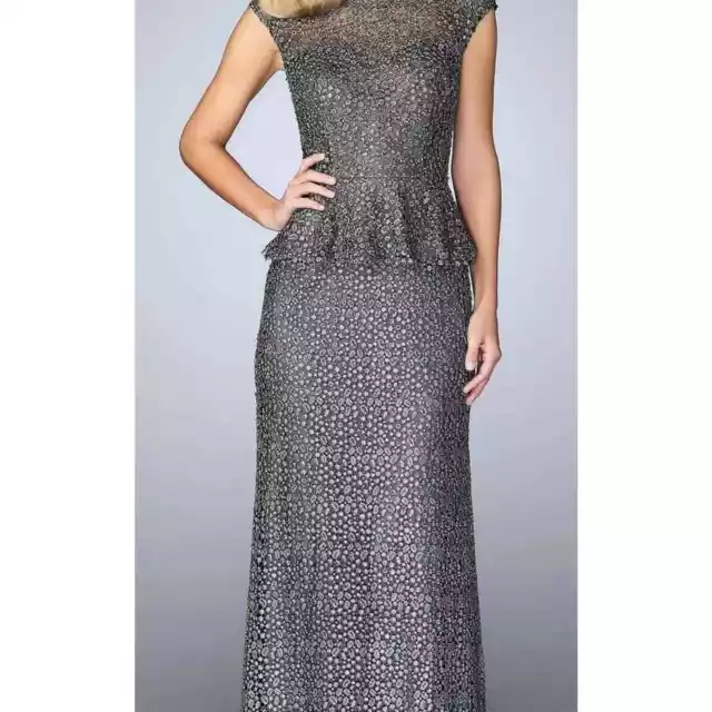 LA FEMME NEW $768 Cap Sleeve Peplum Gown in Gunmetal Style 24896 Size 4 3