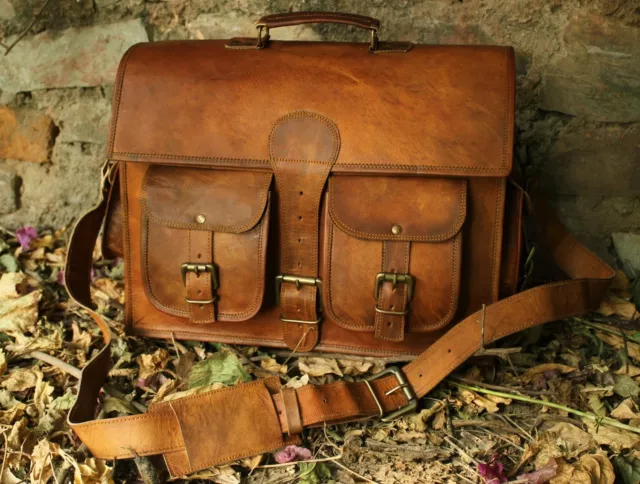 Hombres Real Piel de Cabra Vintage Marrón Bandolera Bolsa para Portátil Maletín